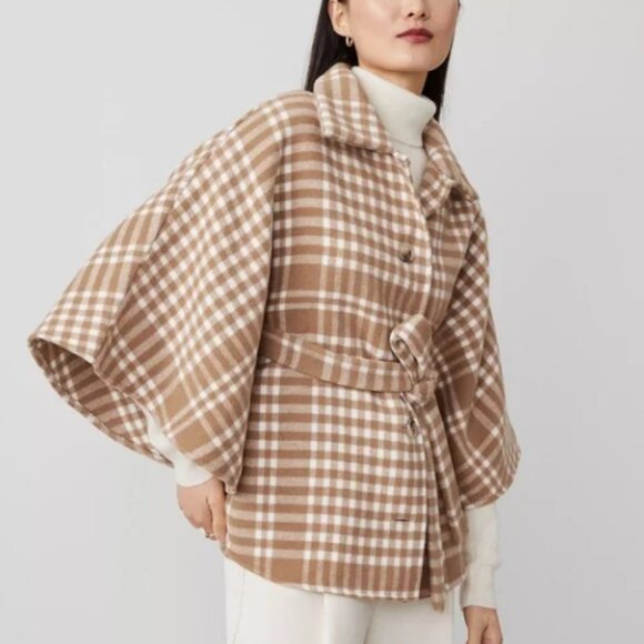 NWT Ann Taylor Tan & White Plaid Tie Waist Button-Up Poncho Size M/L - Picture 1 of 9